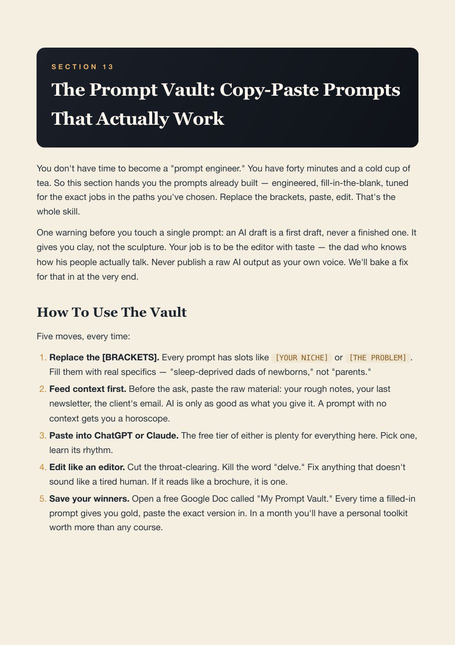 The Prompt Vault, a page from the Toolkit